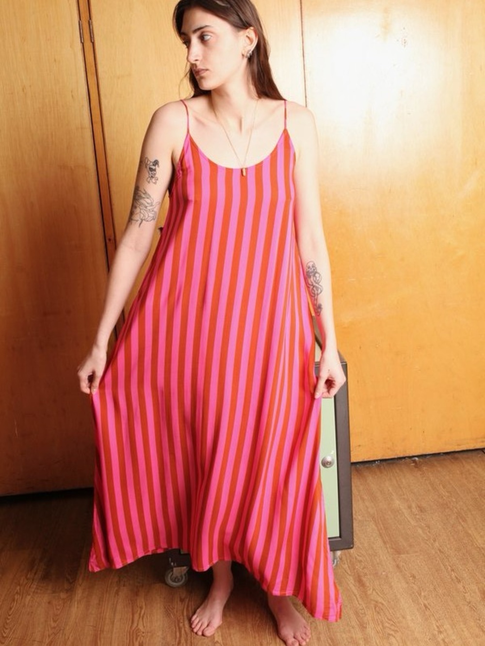 Natalie Martin Pink Striped Maxi Slip Dress